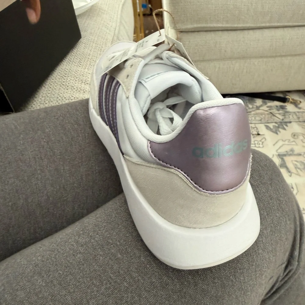 adidas White Sneakers with Lilac Metallic Stripes - Picture 2 of 6